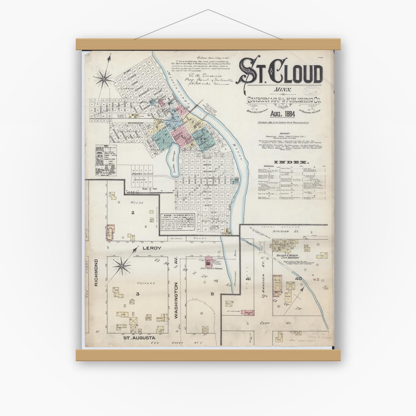 Old map wall art mockup — magnetic wood frame on white wall — Sanborn Fire Insurance Map from Saint Cloud, Stearns, Benton, and Sherburne Counties, Minnesota (1884) - Complete Map Set