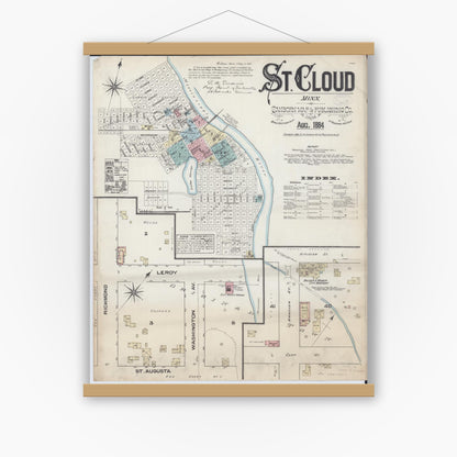 Old map wall art mockup — magnetic wood frame on white wall — Sanborn Fire Insurance Map from Saint Cloud, Stearns, Benton, and Sherburne Counties, Minnesota (1884) - Complete Map Set