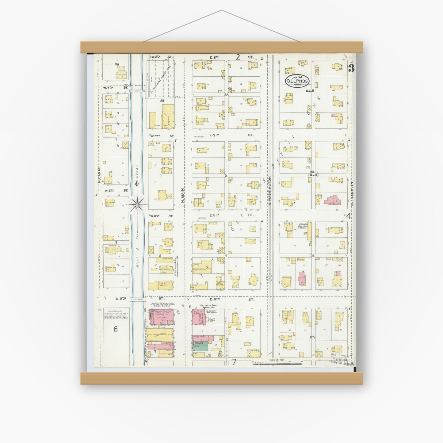 Old map wall art mockup — magnetic wood frame on white wall — Sanborn Fire Insurance Map from Delphos, Van Wert And Allen Counties, Ohio (1904), Sheet #0003