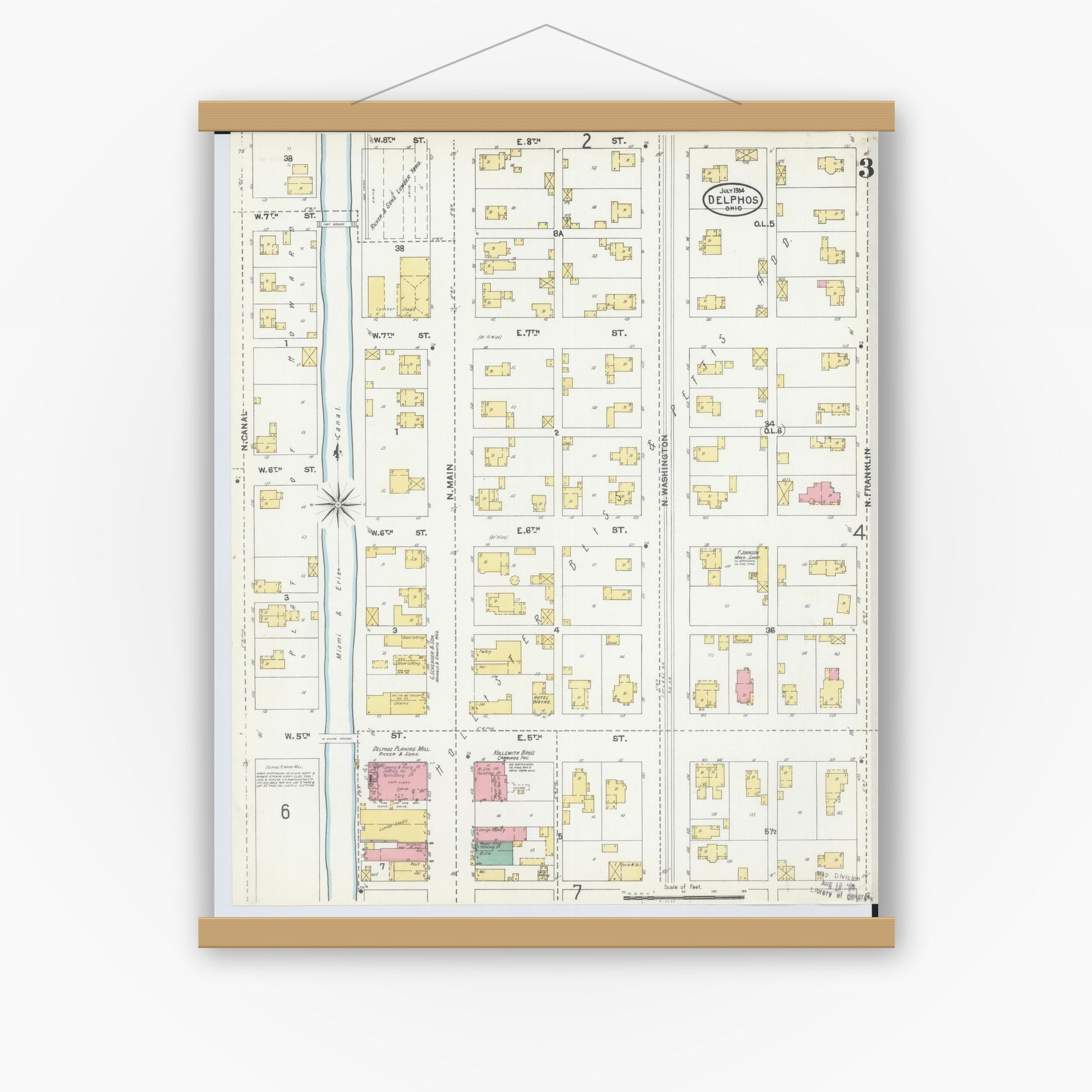 Old map wall art mockup — magnetic wood frame on white wall — Sanborn Fire Insurance Map from Delphos, Van Wert And Allen Counties, Ohio (1904), Sheet #0003