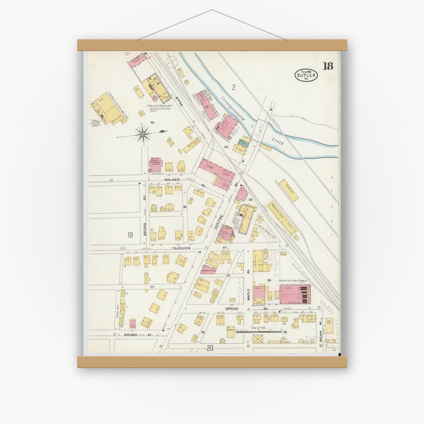 Old map wall art mockup — magnetic wood frame on white wall — Sanborn Fire Insurance Map from Butler, Butler County, Pennsylvania (1906), Sheet #0018