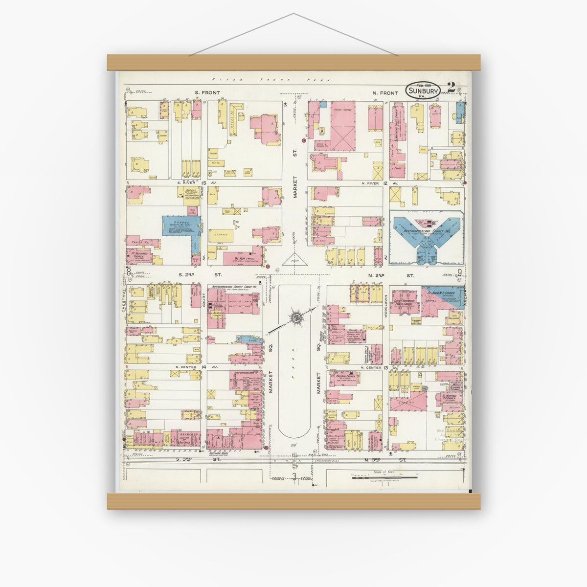 Old map wall art mockup — magnetic wood frame on white wall — Sanborn Fire Insurance Map from Sunbury, Northumberland County, Pennsylvania (1918), Sheet #0002