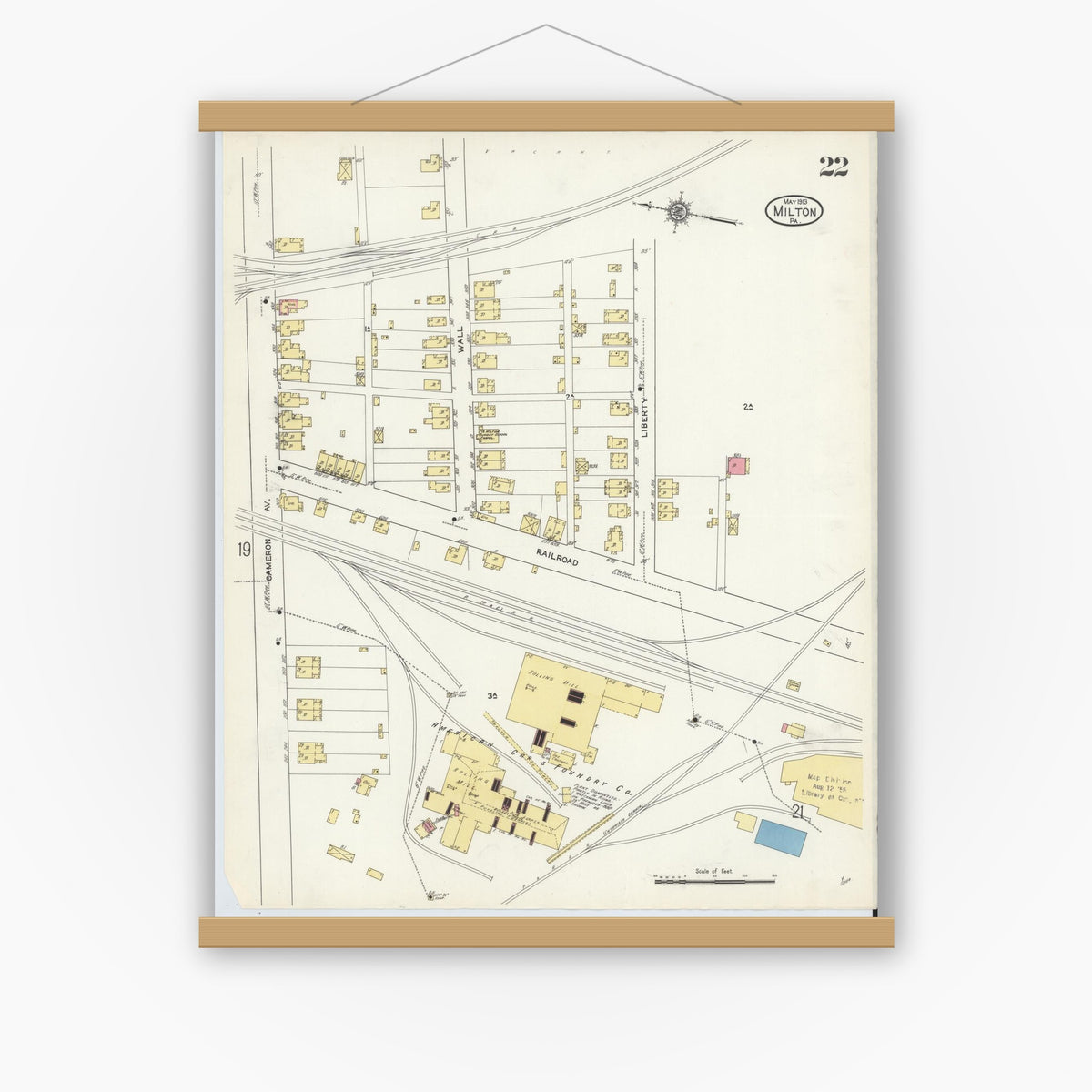 Old map wall art mockup — magnetic wood frame on white wall — Sanborn Fire Insurance Map from Milton, Northumberland County, Pennsylvania (1913), Sheet #0022