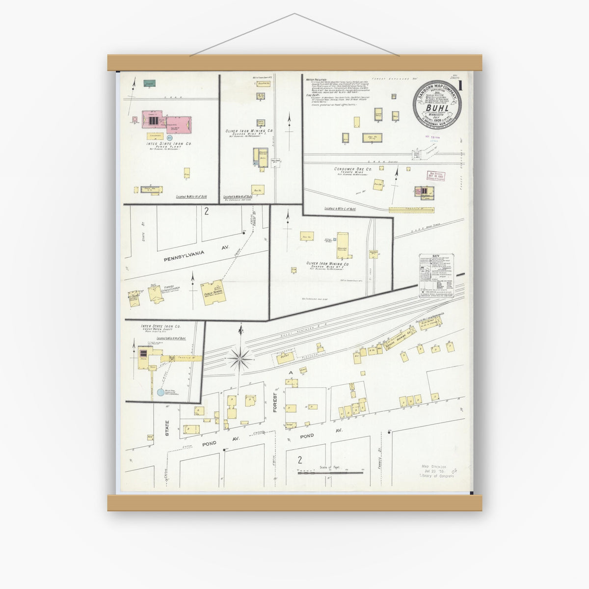 Old map wall art mockup — magnetic wood frame on white wall — Sanborn Fire Insurance Map from Buhl, Saint Louis County, Minnesota (1909) - Complete Map Set