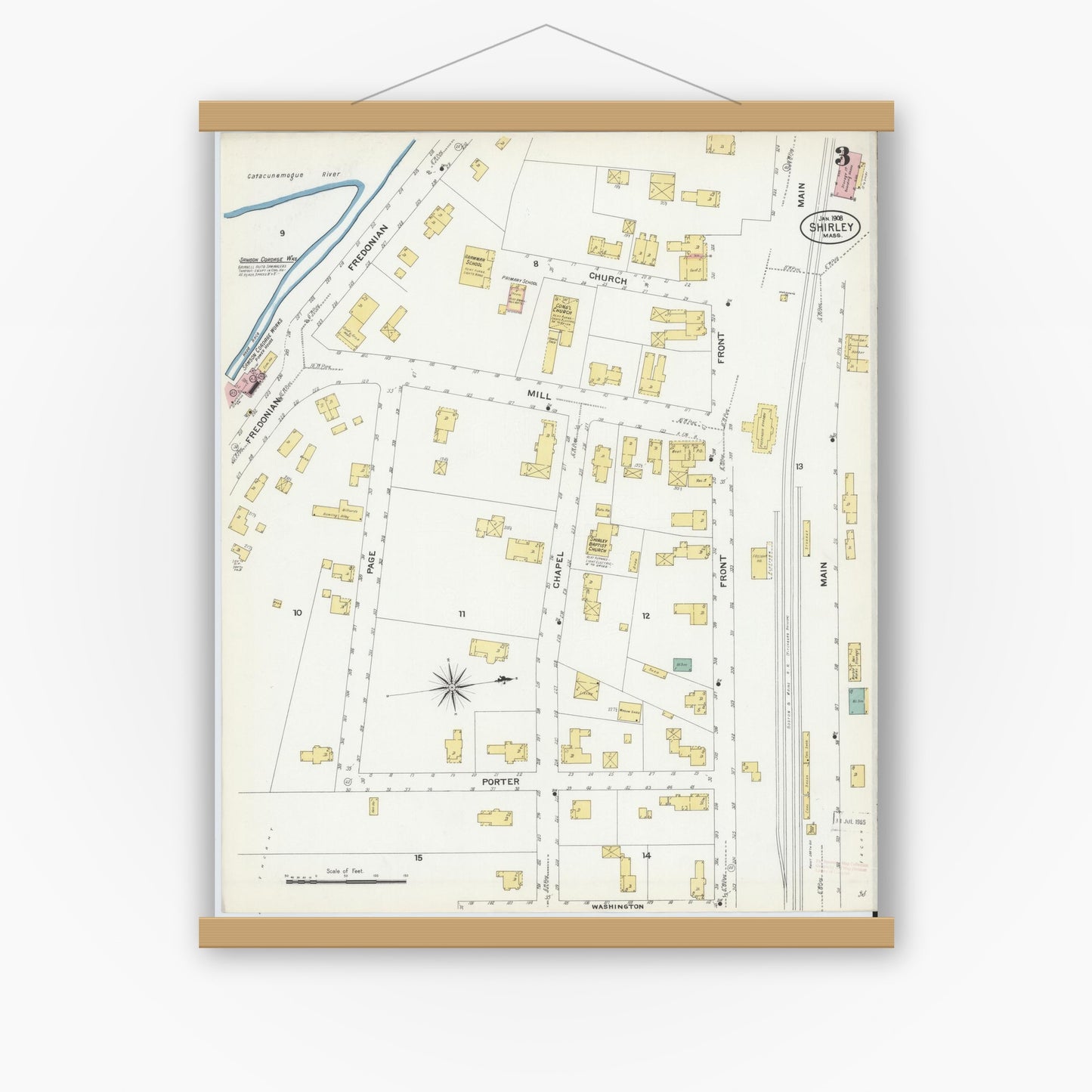 Old map wall art mockup — magnetic wood frame on white wall — Sanborn Fire Insurance Map from Shirley, Middlesex County, Massachusetts (1908), Sheet #0003