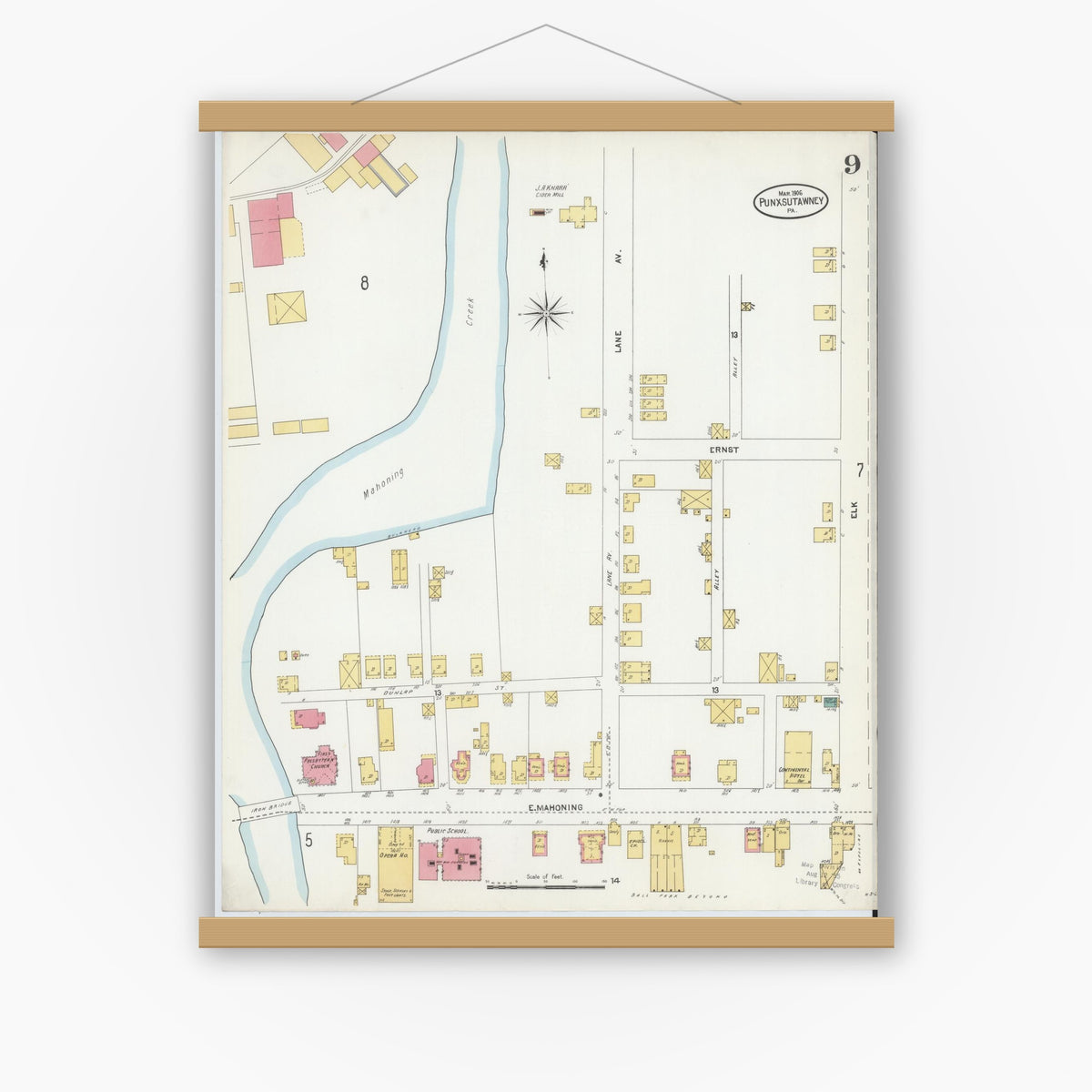 Old map wall art mockup — magnetic wood frame on white wall — Sanborn Fire Insurance Map from Punxsutawney, Jefferson County, Pennsylvania (1906), Sheet #0009