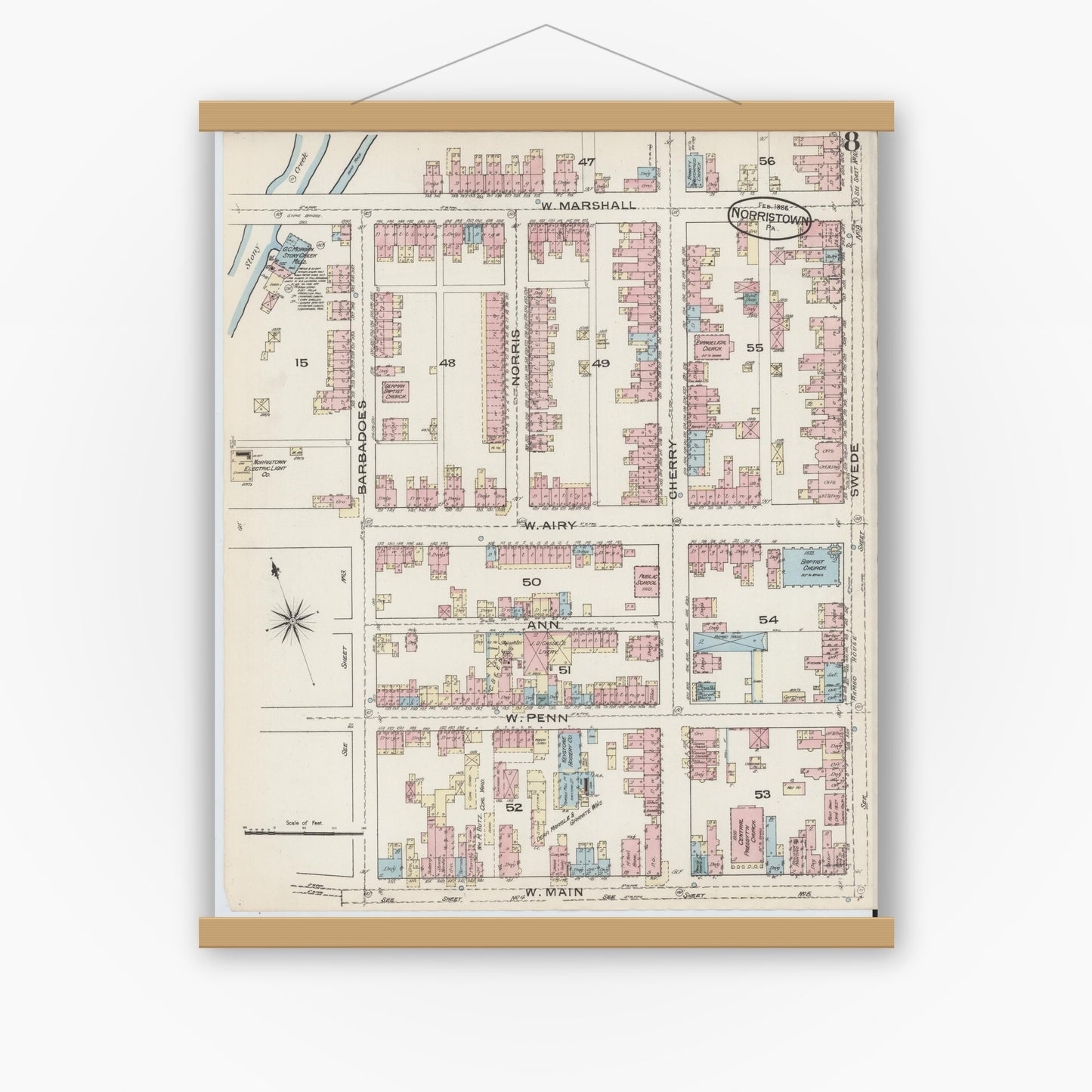 Old map wall art mockup — magnetic wood frame on white wall — Sanborn Fire Insurance Map from Norristown, Montgomery County, Pennsylvania (1886), Sheet #0008