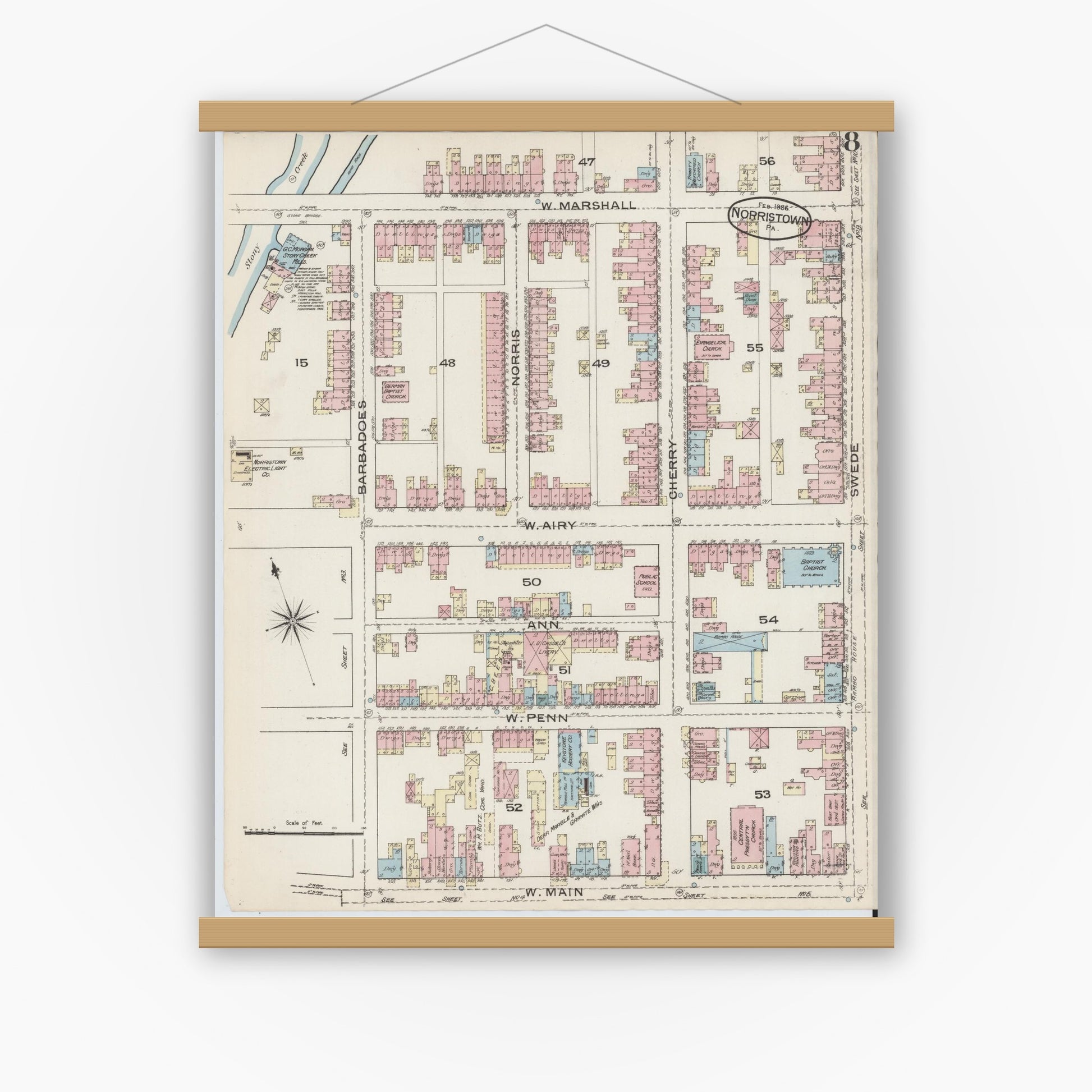 Old map wall art mockup — magnetic wood frame on white wall — Sanborn Fire Insurance Map from Norristown, Montgomery County, Pennsylvania (1886), Sheet #0008