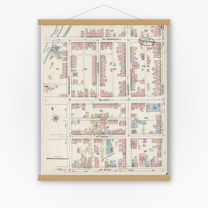 Old map wall art mockup — magnetic wood frame on white wall — Sanborn Fire Insurance Map from Norristown, Montgomery County, Pennsylvania (1886), Sheet #0008