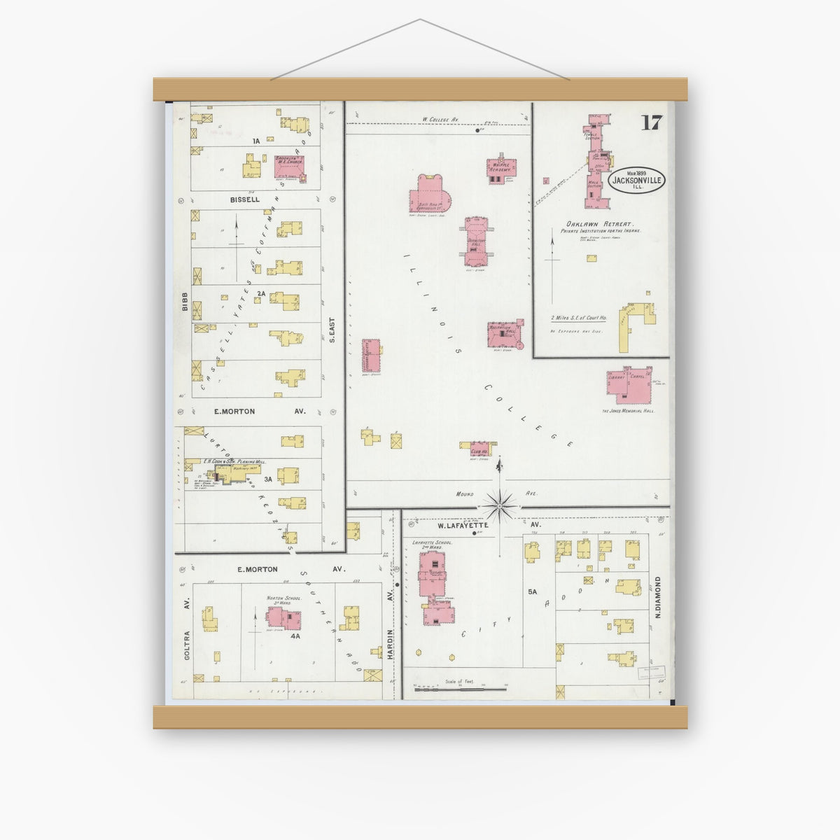 Old map wall art mockup — magnetic wood frame on white wall — Sanborn Fire Insurance Map from Jacksonville, Morgan County, Illinois (1899), Sheet #0017