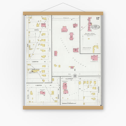 Old map wall art mockup — magnetic wood frame on white wall — Sanborn Fire Insurance Map from Jacksonville, Morgan County, Illinois (1899), Sheet #0017