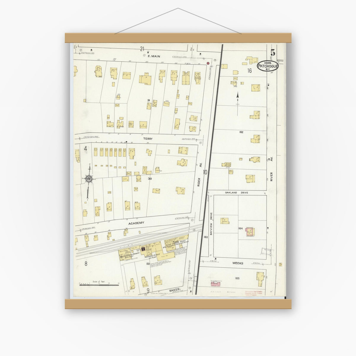 Old map wall art mockup — magnetic wood frame on white wall — Sanborn Fire Insurance Map from Patchogue, Suffolk County, New York (1916), Sheet #0005