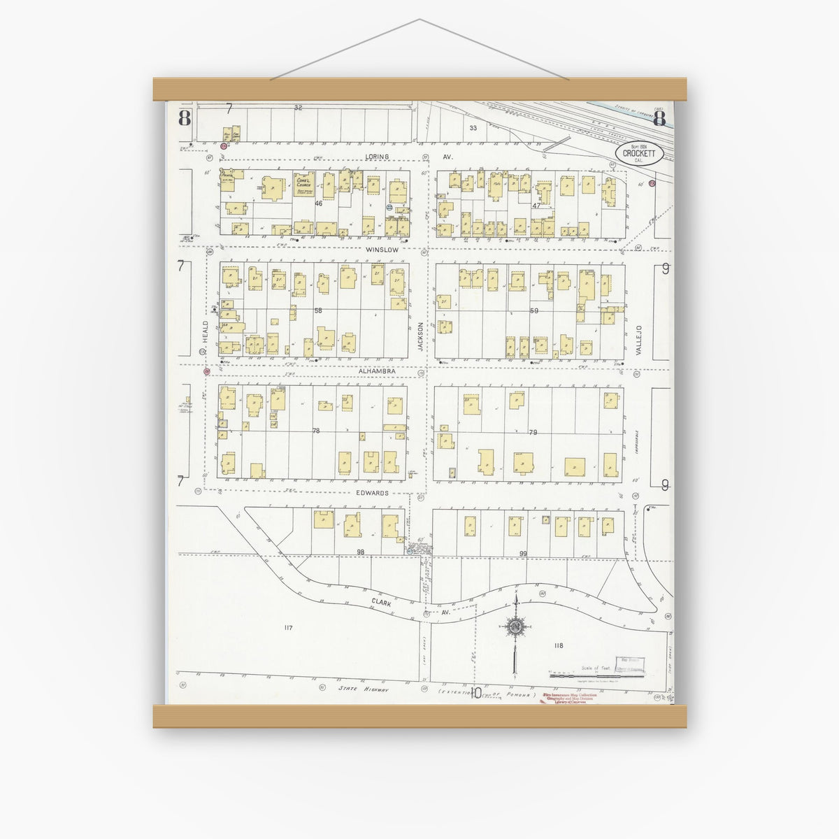 Old map wall art mockup — magnetic wood frame on white wall — Sanborn Fire Insurance Map from Crockett, Contra Costa County, California (1924), Sheet #0008
