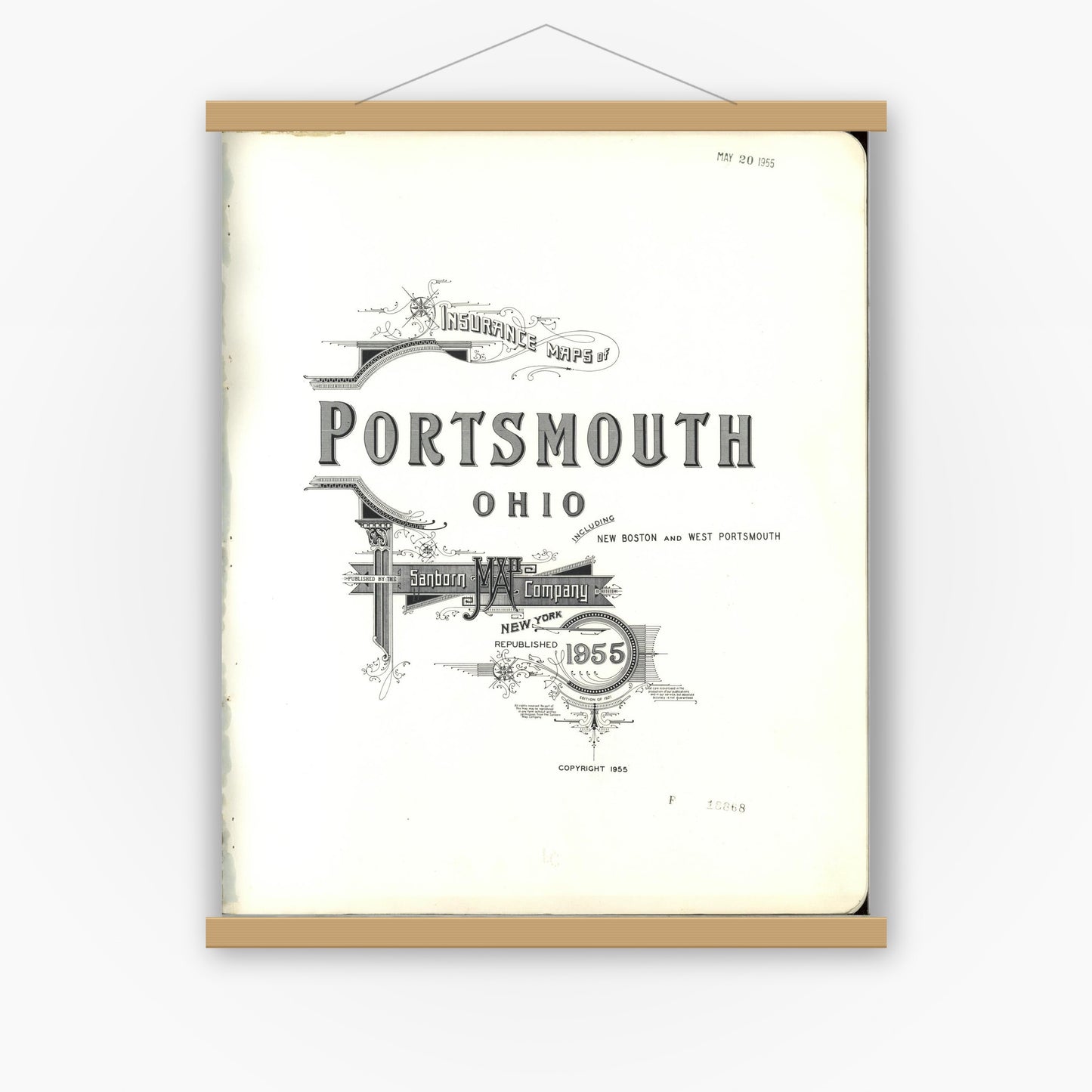 Old map wall art mockup — magnetic wood frame on white wall — Sanborn Fire Insurance Map from Portsmouth, Scioto County, Ohio (1955), Sheet #0001