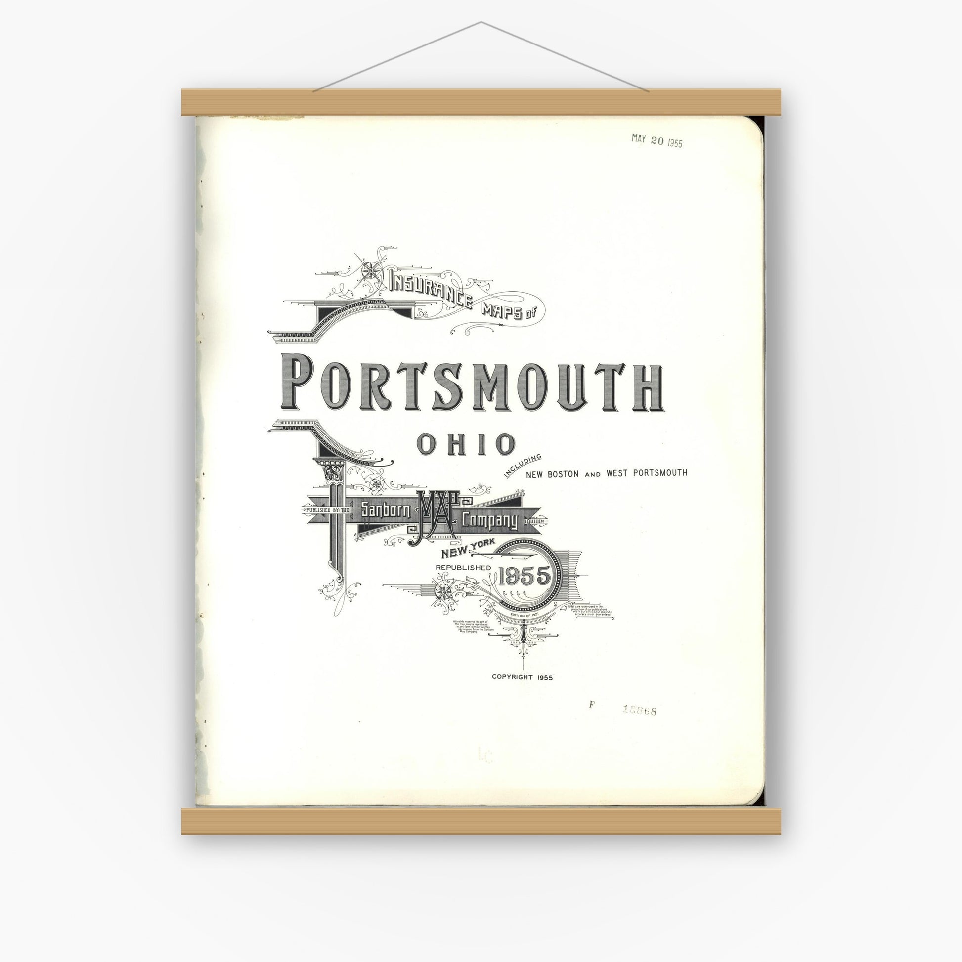 Old map wall art mockup — magnetic wood frame on white wall — Sanborn Fire Insurance Map from Portsmouth, Scioto County, Ohio (1955), Sheet #0001