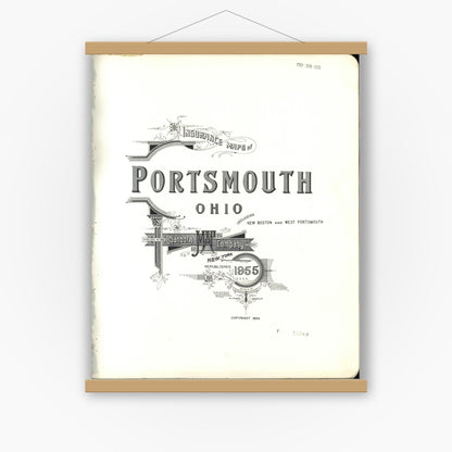 Old map wall art mockup — magnetic wood frame on white wall — Sanborn Fire Insurance Map from Portsmouth, Scioto County, Ohio (1955), Sheet #0001