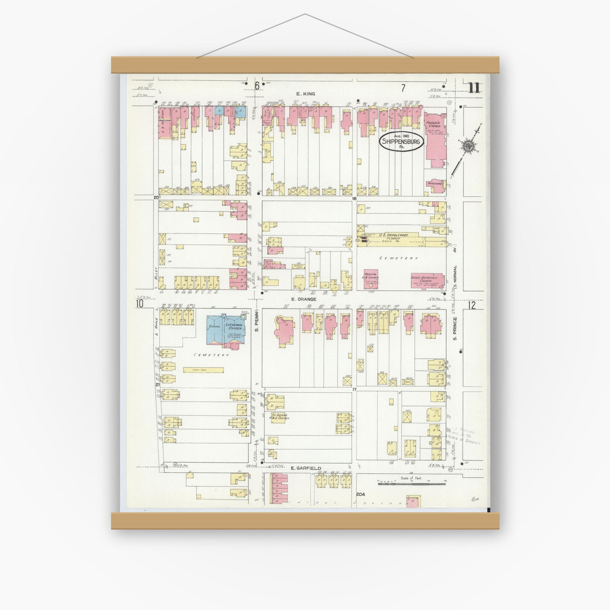 Old map wall art mockup — magnetic wood frame on white wall — Sanborn Fire Insurance Map from Shippensburg, Cumberland And Franklin Counties, Pennsylvania (1910), Sheet #0011