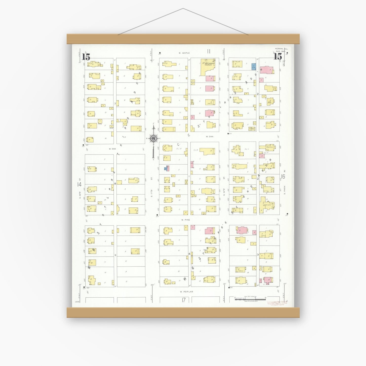 Old map wall art mockup — magnetic wood frame on white wall — Sanborn Fire Insurance Map from Herrin, Williamson County, Illinois (1941), Sheet #0015