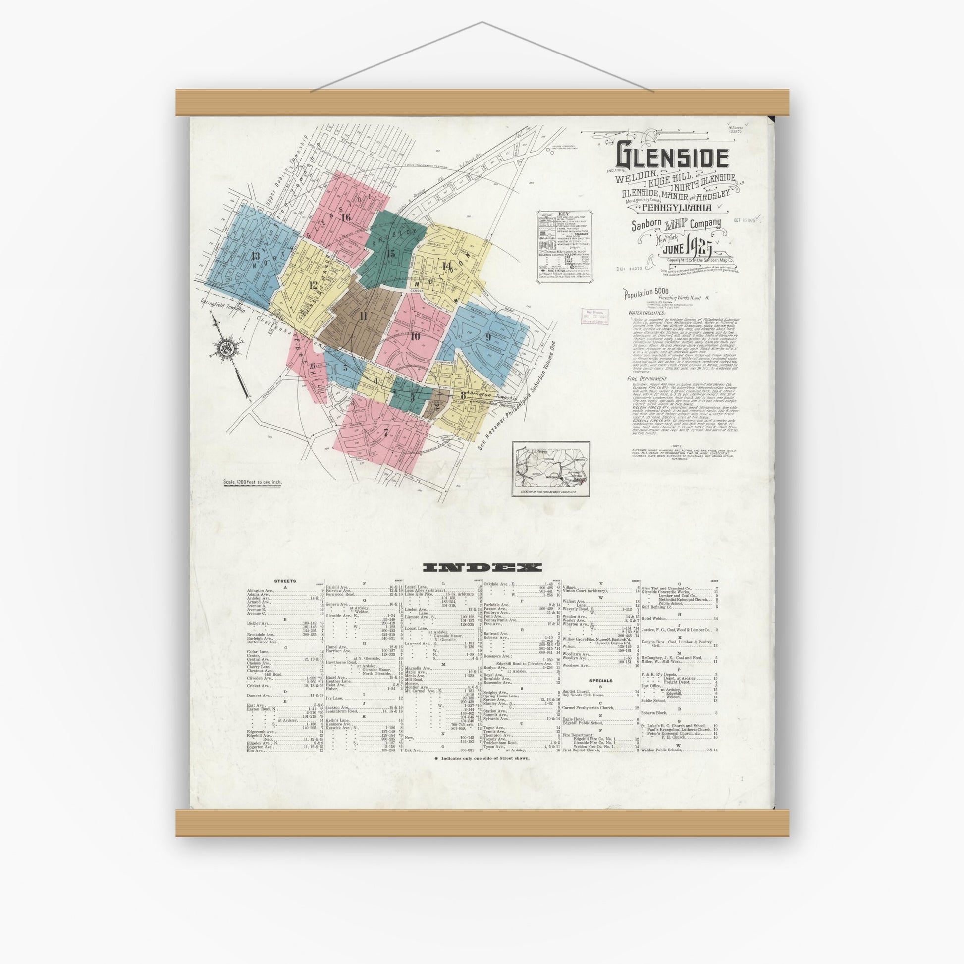 Old map wall art mockup — magnetic wood frame on white wall — Sanborn Fire Insurance Map from Glenside, Montgomery County, Pennsylvania (1925) - Complete Map Set