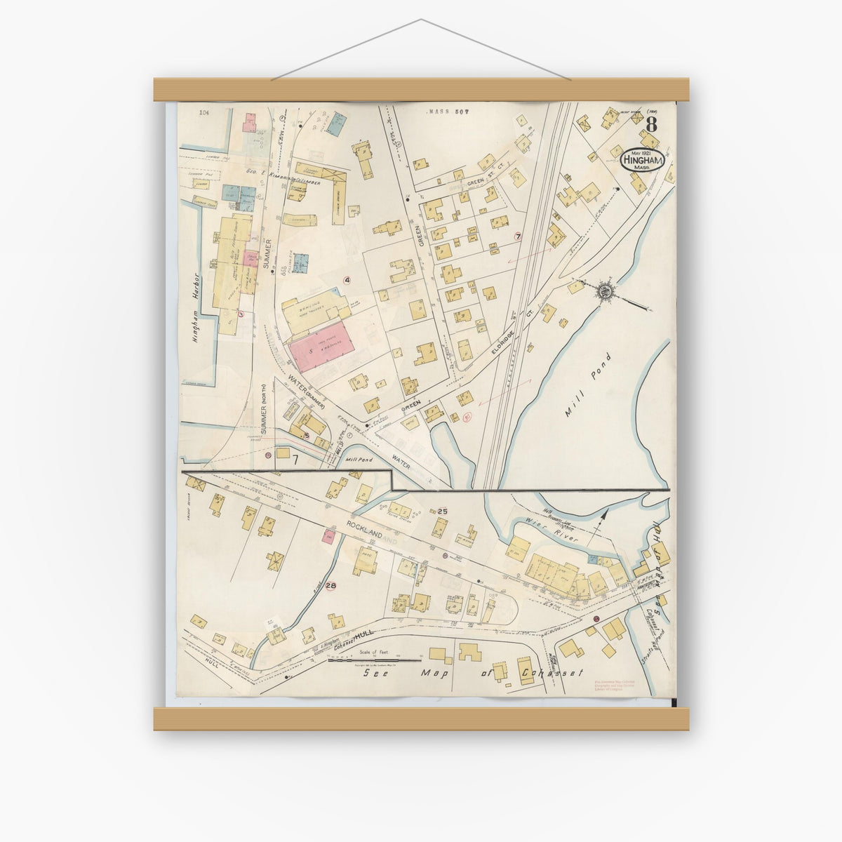 Old map wall art mockup — magnetic wood frame on white wall — Sanborn Fire Insurance Map from Hingham, Plymouth County, Massachusetts (1948), Sheet #0008