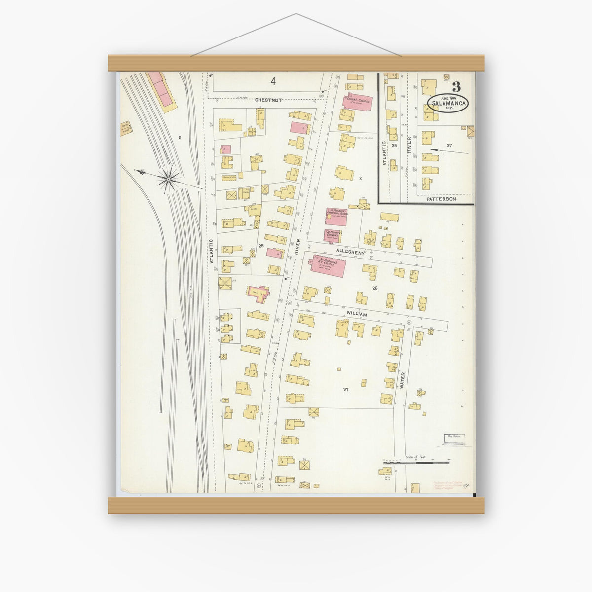 Old map wall art mockup — magnetic wood frame on white wall — Sanborn Fire Insurance Map from Salamanca, Cattaraugus County, New York (1904), Sheet #0003