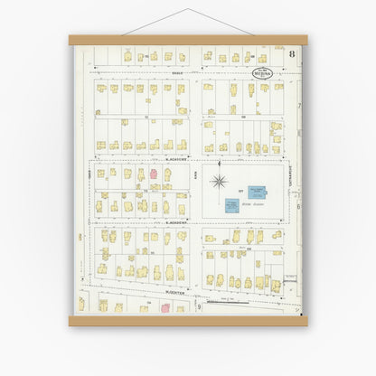Old map wall art mockup — magnetic wood frame on white wall — Sanborn Fire Insurance Map from Medina, Orleans County, New York (1904), Sheet #0008