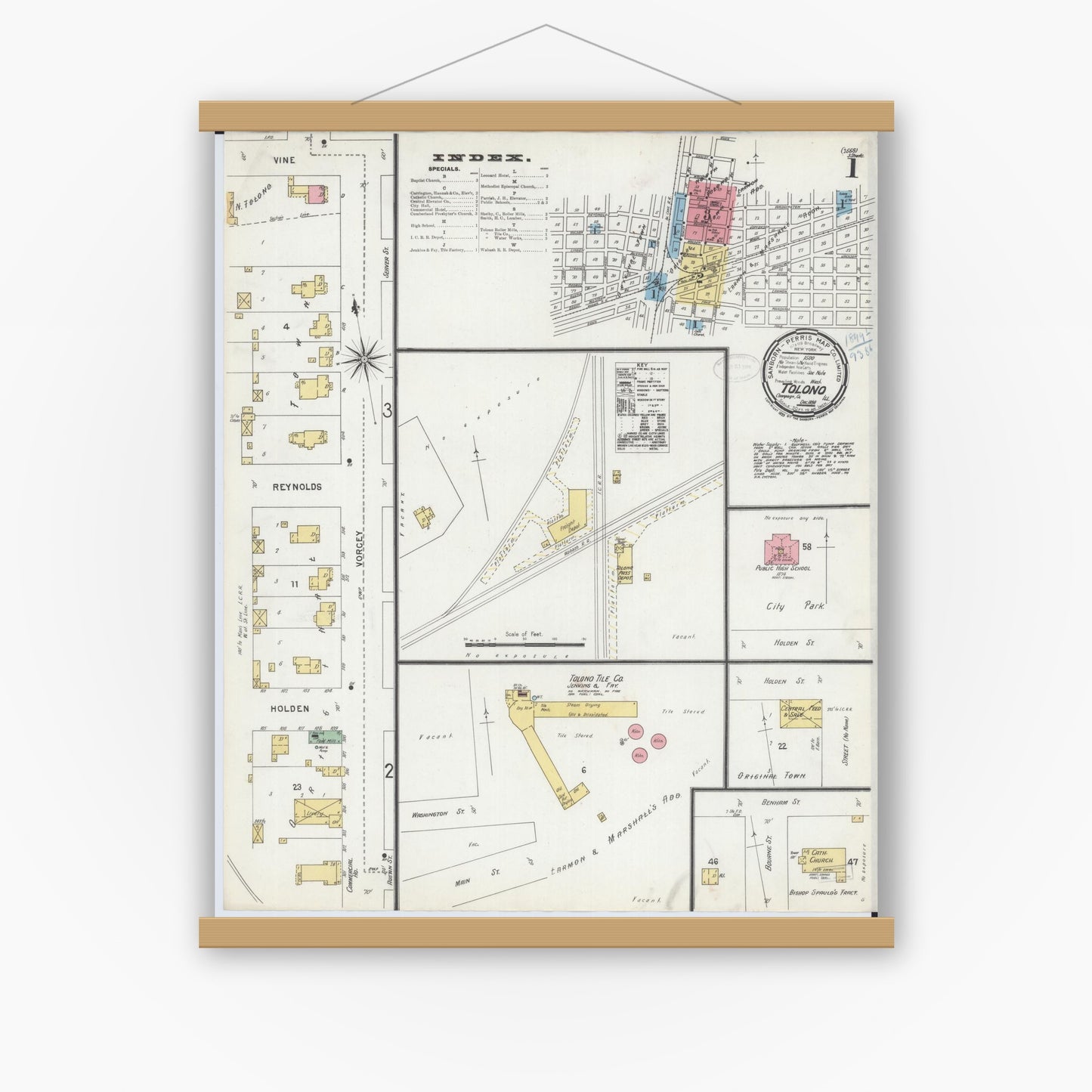 Old map wall art mockup — magnetic wood frame on white wall — Sanborn Fire Insurance Map from Tolono, Champaign County, Illinois (1898), Sheet #0001