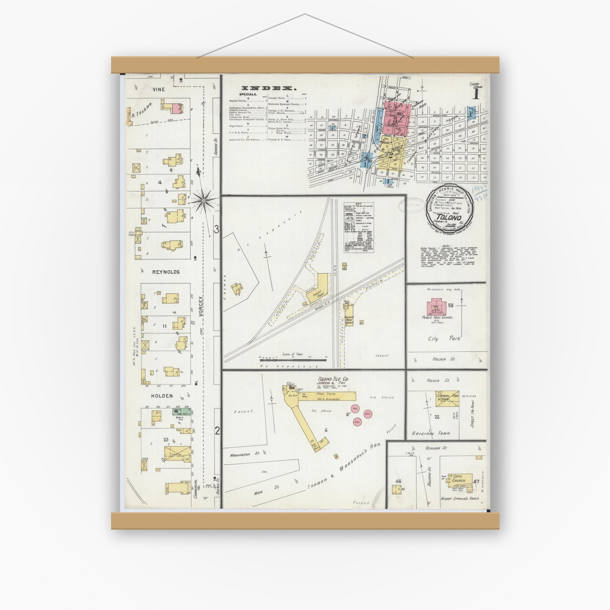 Old map wall art mockup — magnetic wood frame on white wall — Sanborn Fire Insurance Map from Tolono, Champaign County, Illinois (1898), Sheet #0001