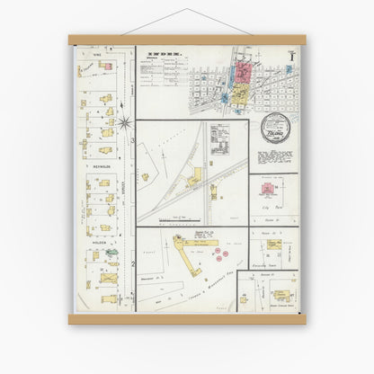Old map wall art mockup — magnetic wood frame on white wall — Sanborn Fire Insurance Map from Tolono, Champaign County, Illinois (1898), Sheet #0001