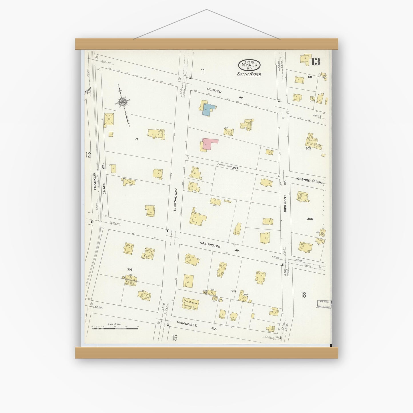 Old map wall art mockup — magnetic wood frame on white wall — Sanborn Fire Insurance Map from Nyack, Rockland County, New York. (1910), Sheet #0013