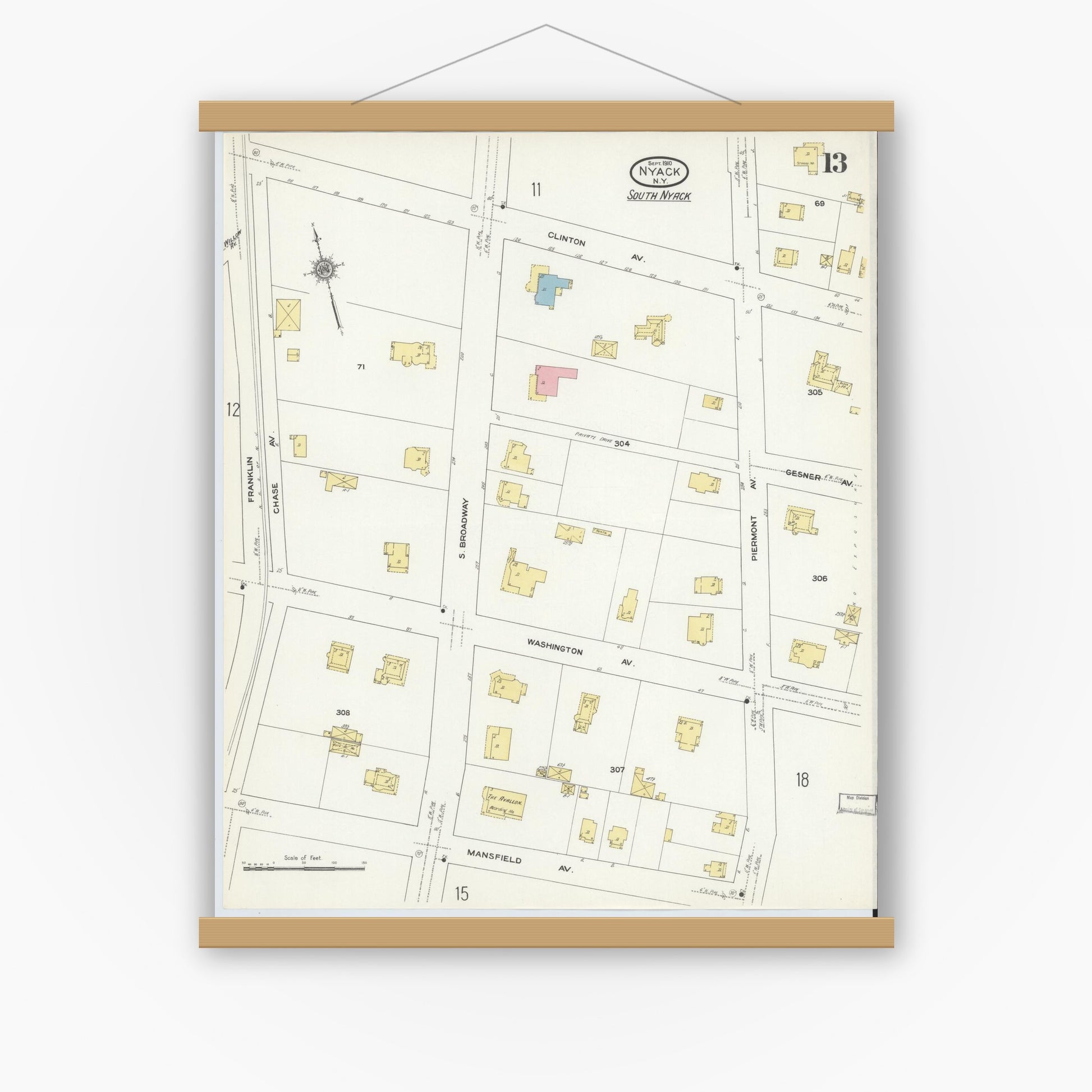 Old map wall art mockup — magnetic wood frame on white wall — Sanborn Fire Insurance Map from Nyack, Rockland County, New York. (1910), Sheet #0013
