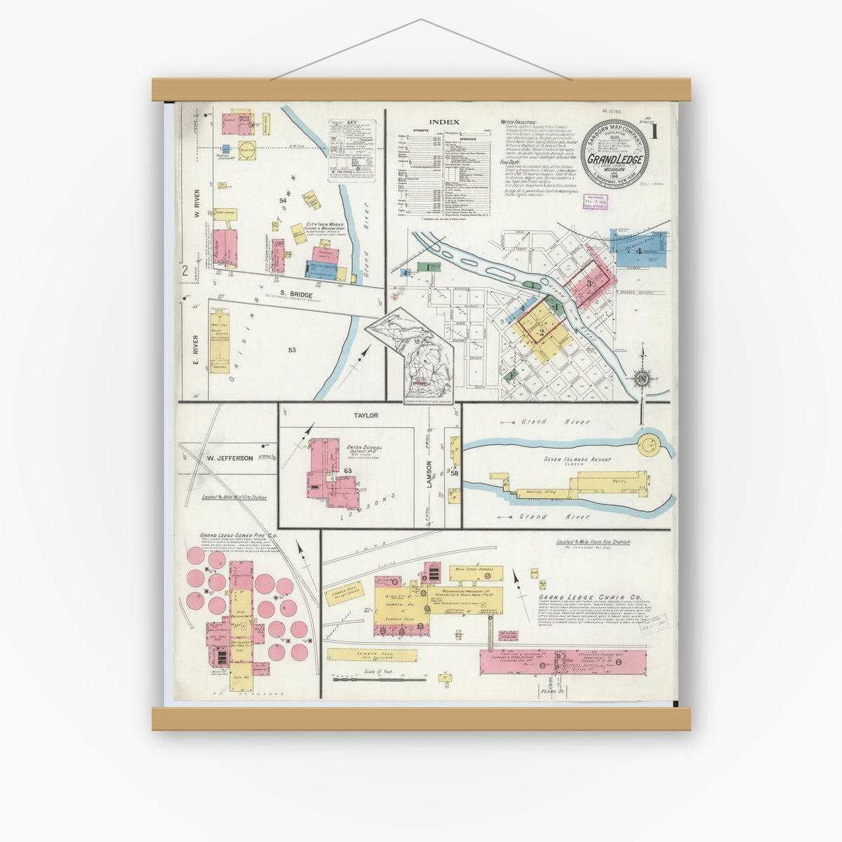 Old map wall art mockup — magnetic wood frame on white wall — Sanborn Fire Insurance Map from Grand Ledge, Eaton County, Michigan (1916), Sheet #0001