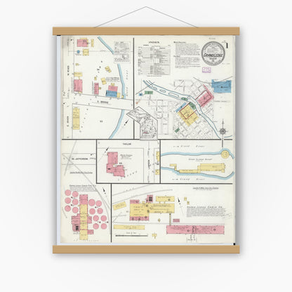 Old map wall art mockup — magnetic wood frame on white wall — Sanborn Fire Insurance Map from Grand Ledge, Eaton County, Michigan (1916), Sheet #0001