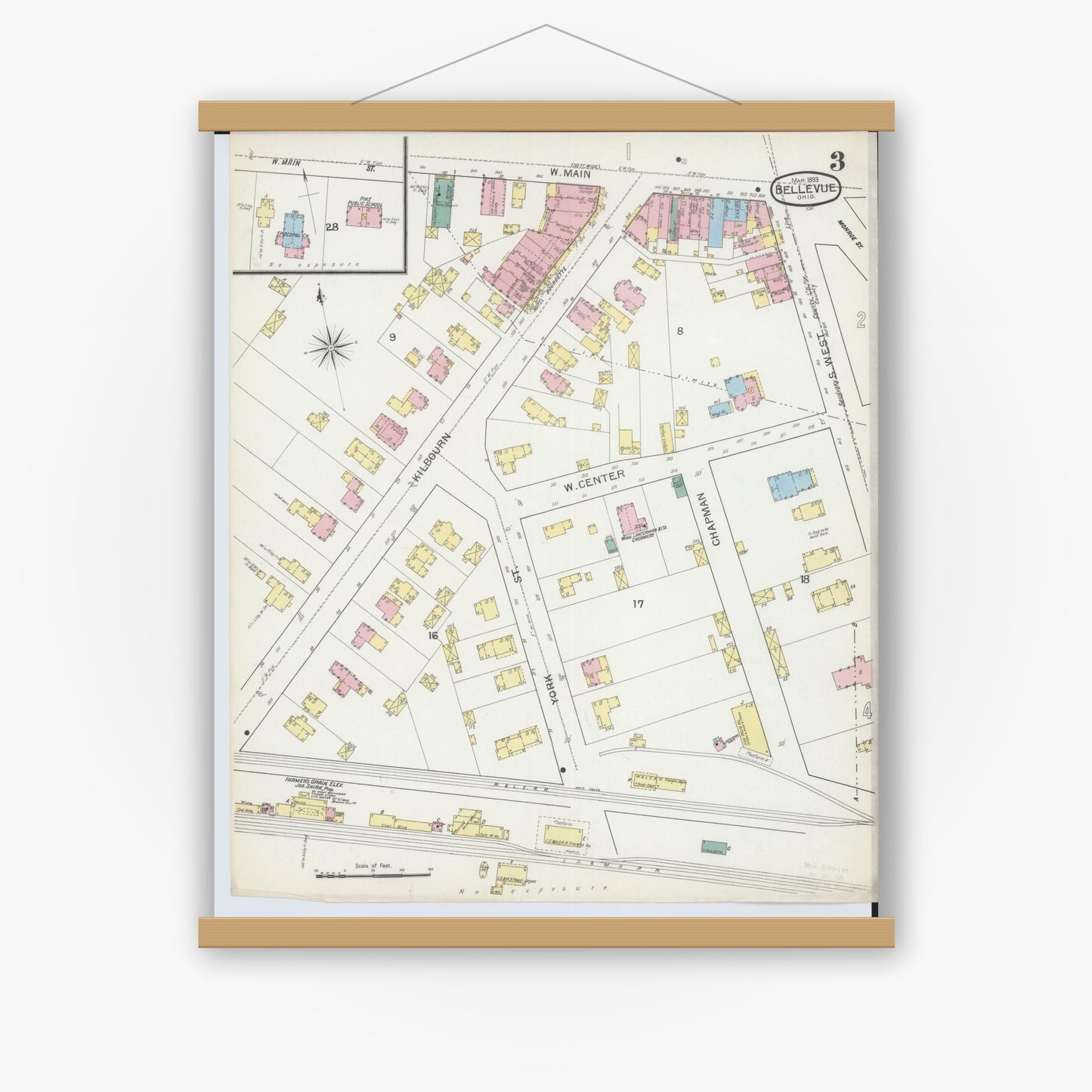 Old map wall art mockup — magnetic wood frame on white wall — Sanborn Fire Insurance Map from Bellevue, Huron And Sandusky County, Ohio (1893), Sheet #0003