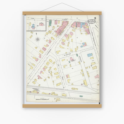 Old map wall art mockup — magnetic wood frame on white wall — Sanborn Fire Insurance Map from Bellevue, Huron And Sandusky County, Ohio (1893), Sheet #0003