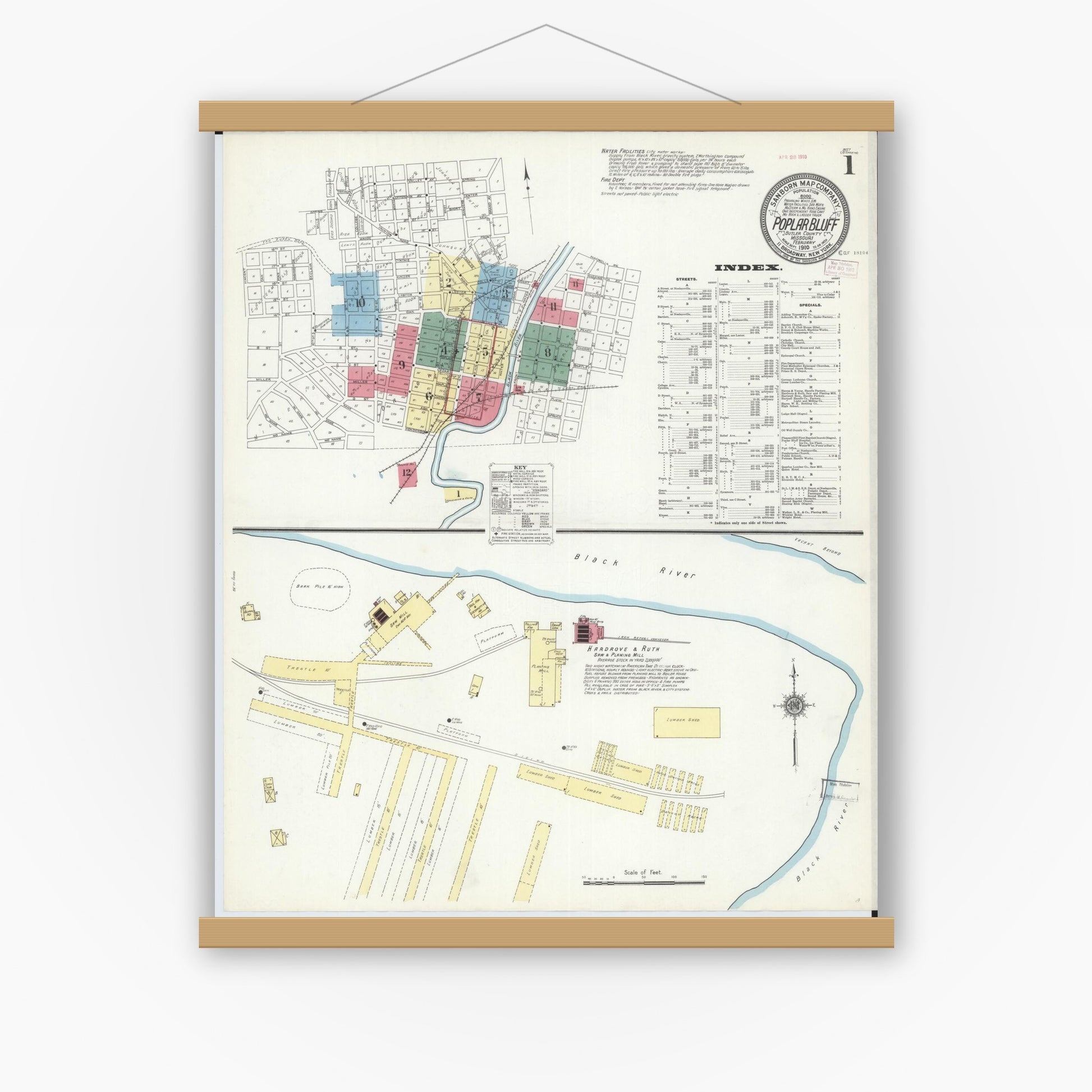 Old map wall art mockup — magnetic wood frame on white wall — Sanborn Fire Insurance Map from Poplar Bluff, Butler County, Missouri (1910) - Complete Map Set