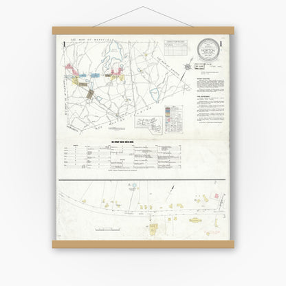 Old map wall art mockup — magnetic wood frame on white wall — Sanborn Fire Insurance Map from Norton, Bristol County, Massachusetts (1937), Sheet #0001