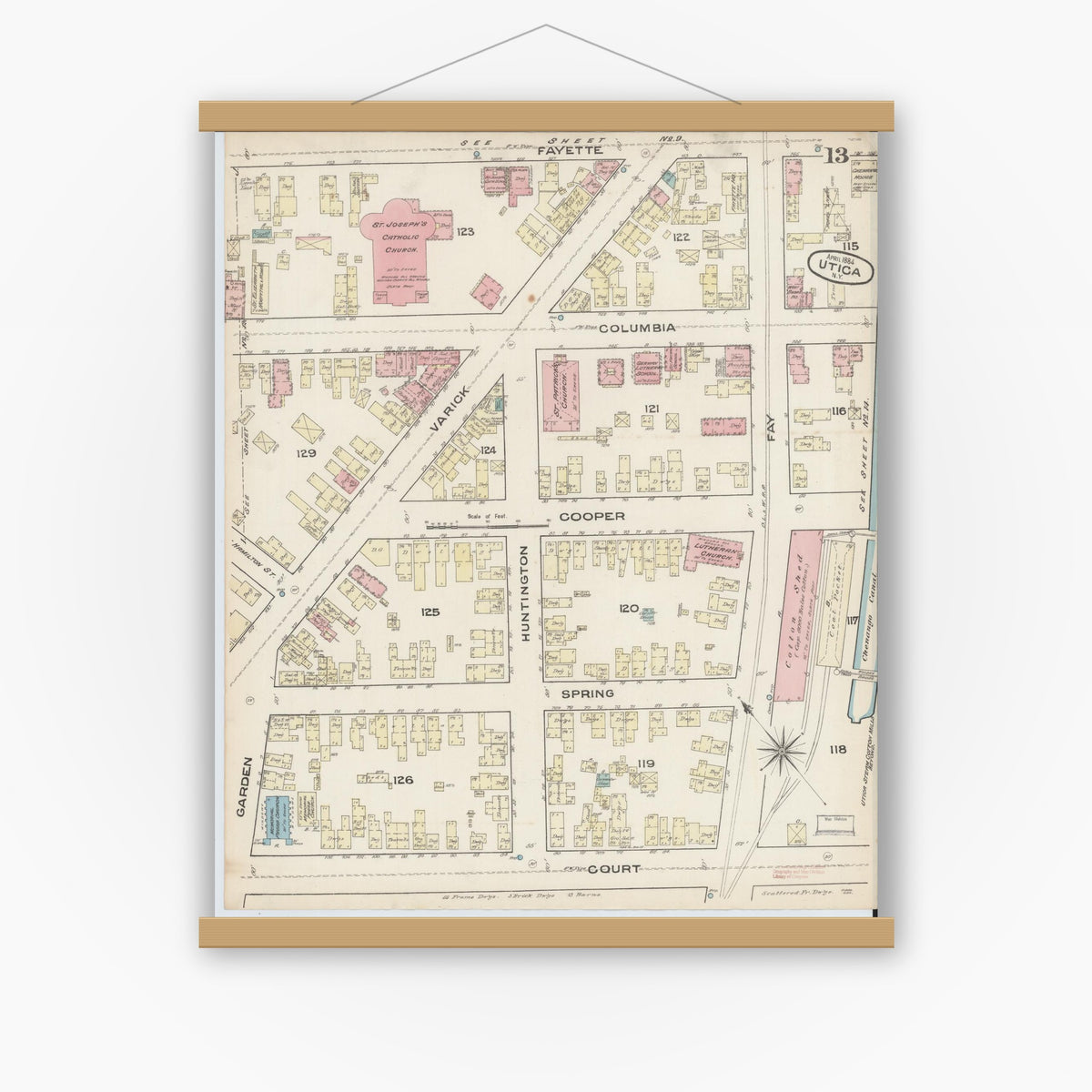 Old map wall art mockup — magnetic wood frame on white wall — Sanborn Fire Insurance Map from Utica, Oneida County, New York (1884), Sheet #0013