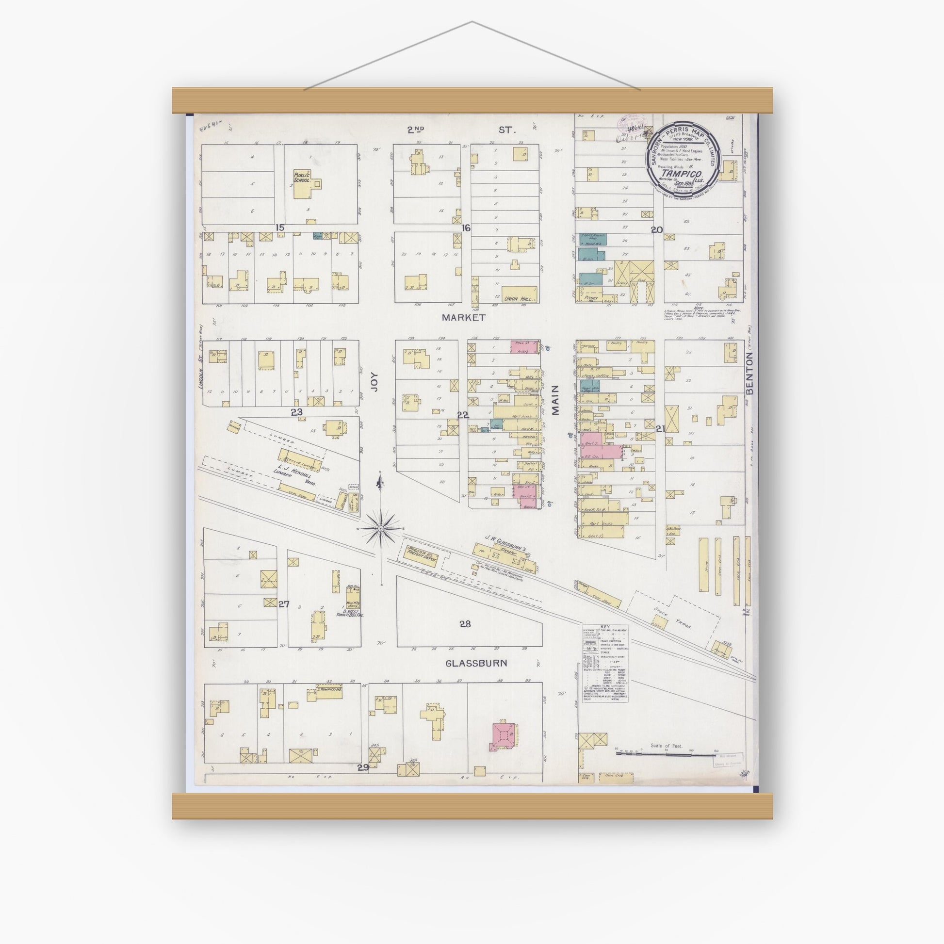 Old map wall art mockup — magnetic wood frame on white wall — Sanborn Fire Insurance Map from Tampico, Whiteside County, Illinois (1893), Sheet #0001