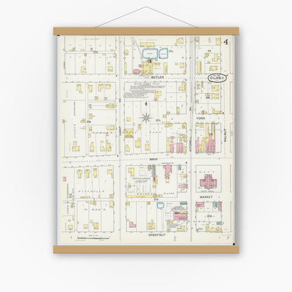 Old map wall art mockup — magnetic wood frame on white wall — Sanborn Fire Insurance Map from Olney, Richland County, Illinois (1892), Sheet #0004