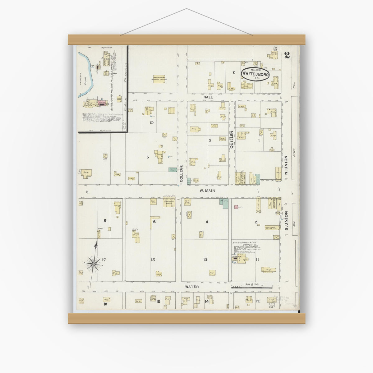 Old map wall art mockup — magnetic wood frame on white wall — Sanborn Fire Insurance Map from Whitesboro, Grayson County, Texas (1891), Sheet #0002