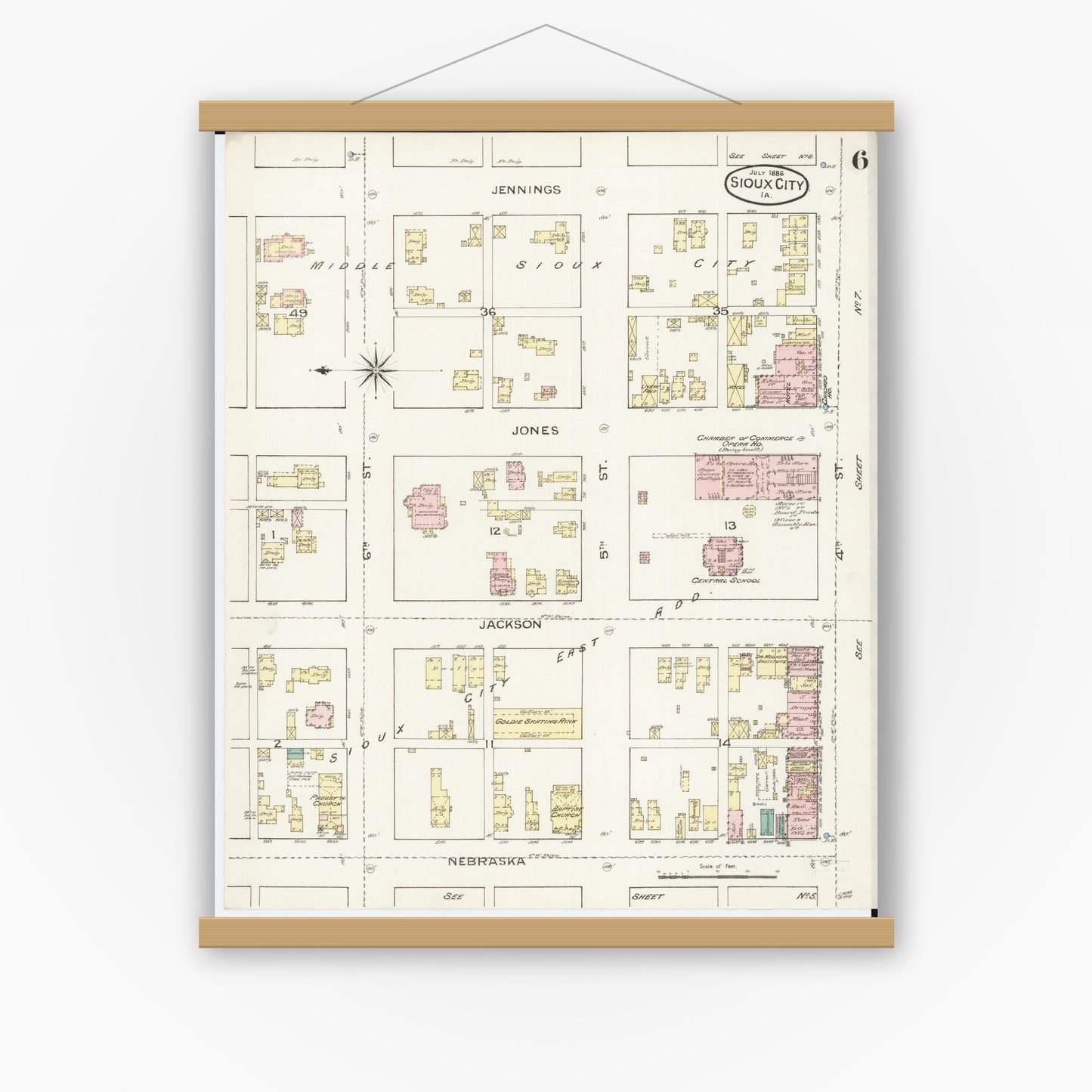 Old map wall art mockup — magnetic wood frame on white wall — Sanborn Fire Insurance Map from Sioux City, Woodbury County, Iowa (1886), Sheet #0006