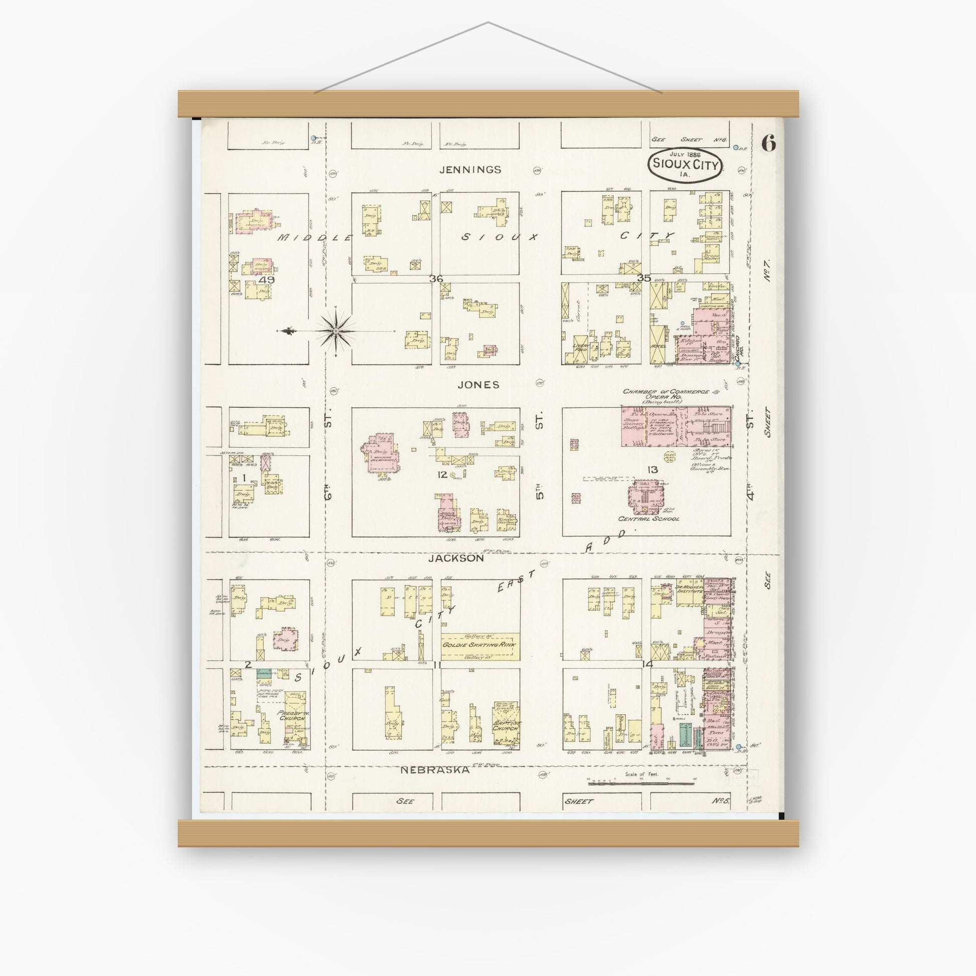 Old map wall art mockup — magnetic wood frame on white wall — Sanborn Fire Insurance Map from Sioux City, Woodbury County, Iowa (1886), Sheet #0006