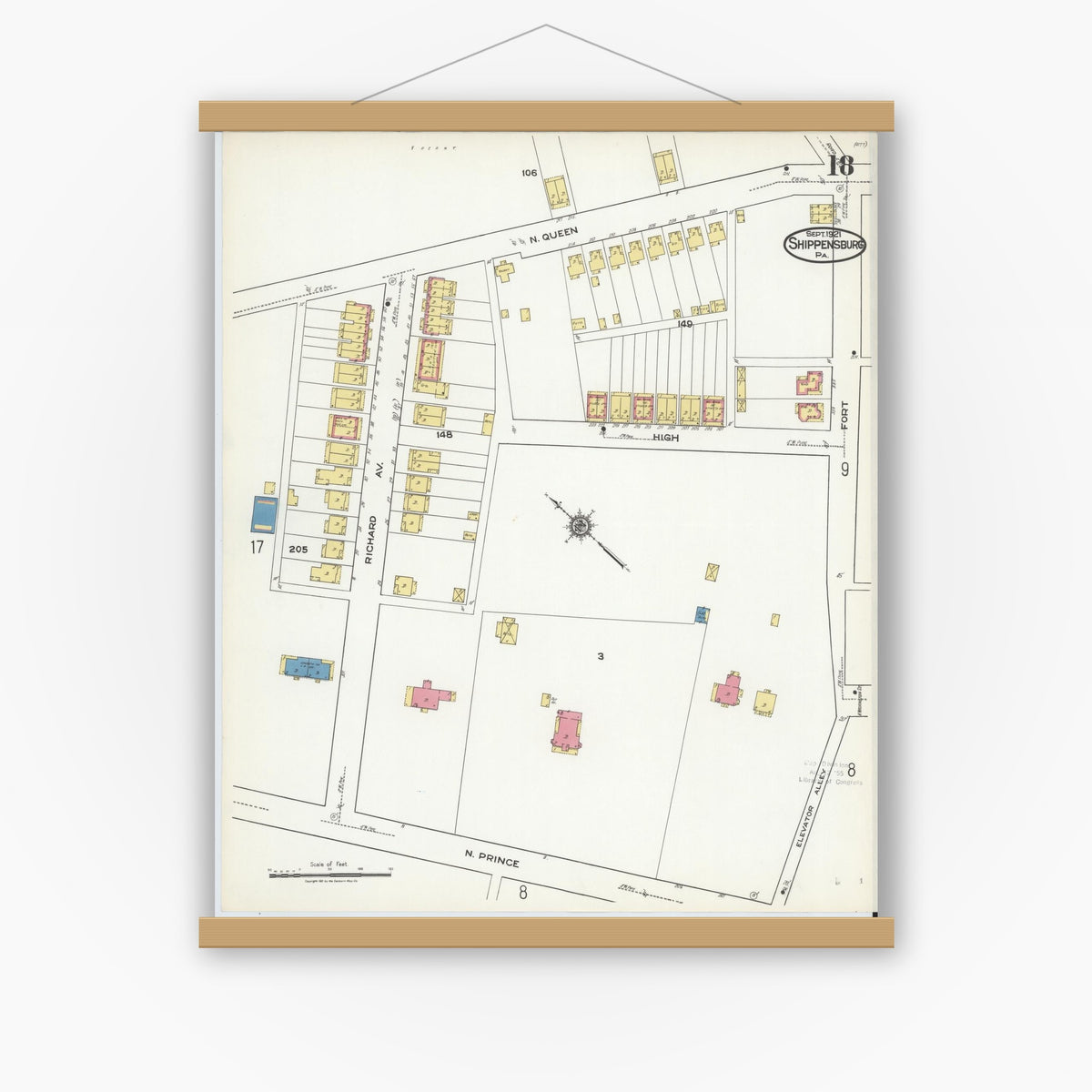 Old map wall art mockup — magnetic wood frame on white wall — Sanborn Fire Insurance Map from Shippensburg, Cumberland And Franklin Counties, Pennsylvania (1921), Sheet #0018