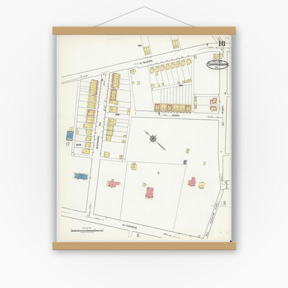 Old map wall art mockup — magnetic wood frame on white wall — Sanborn Fire Insurance Map from Shippensburg, Cumberland And Franklin Counties, Pennsylvania (1921), Sheet #0018