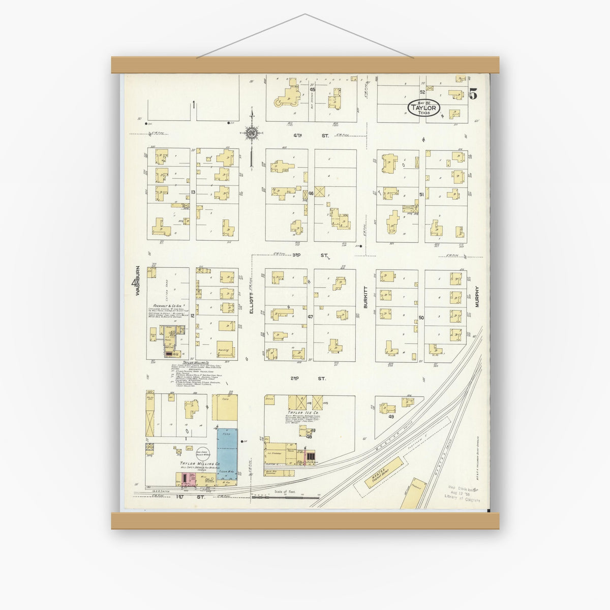 Old map wall art mockup — magnetic wood frame on white wall — Sanborn Fire Insurance Map from Taylor, Williamson County, Texas (1912), Sheet #0005