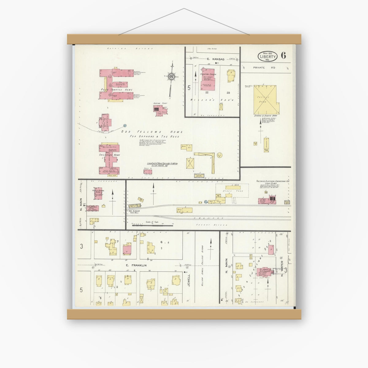 Old map wall art mockup — magnetic wood frame on white wall — Sanborn Fire Insurance Map from Liberty, Clay County, Missouri (1913), Sheet #0006