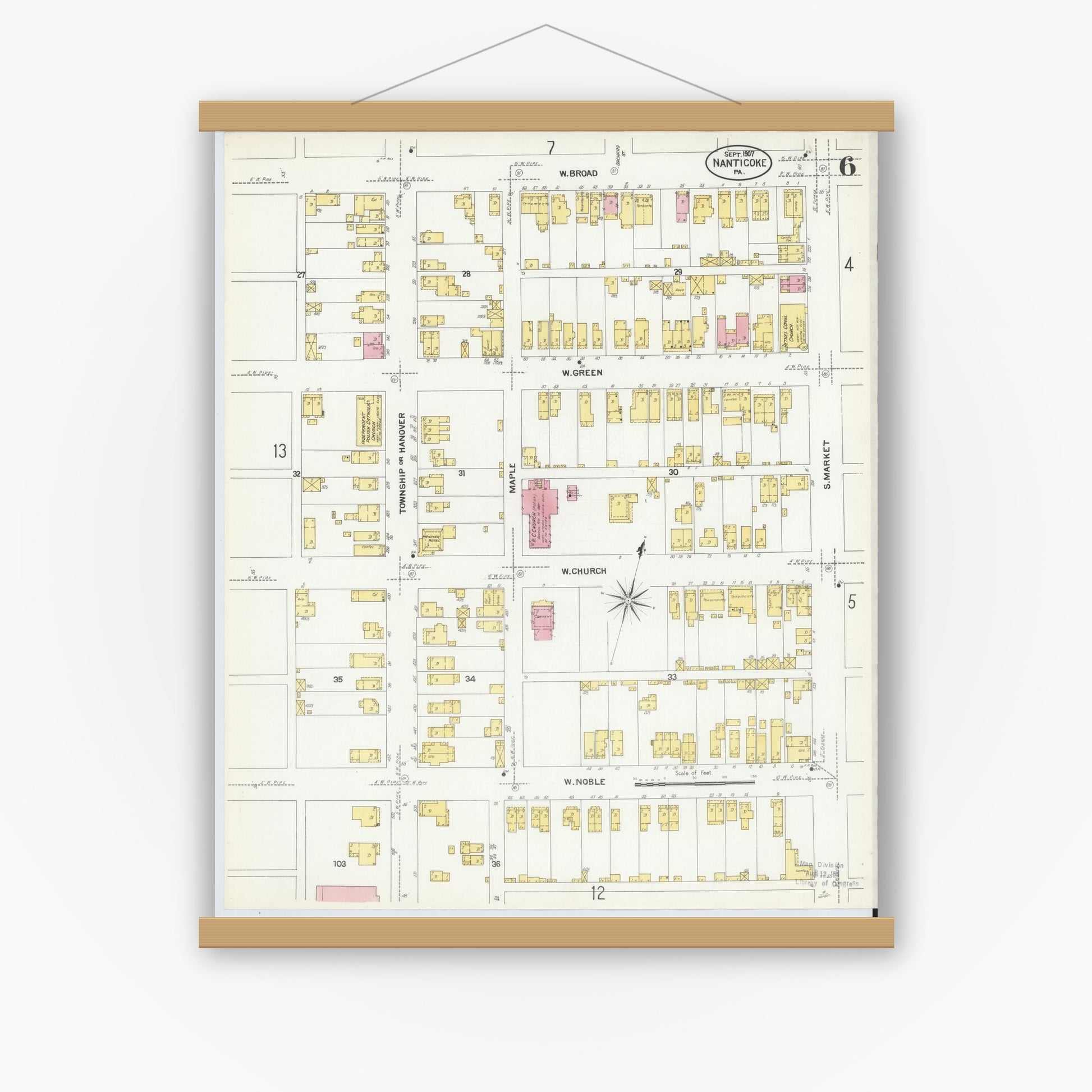 Old map wall art mockup — magnetic wood frame on white wall — Sanborn Fire Insurance Map from Nanticoke, Luzerne County, Pennsylvania (1907), Sheet #0006