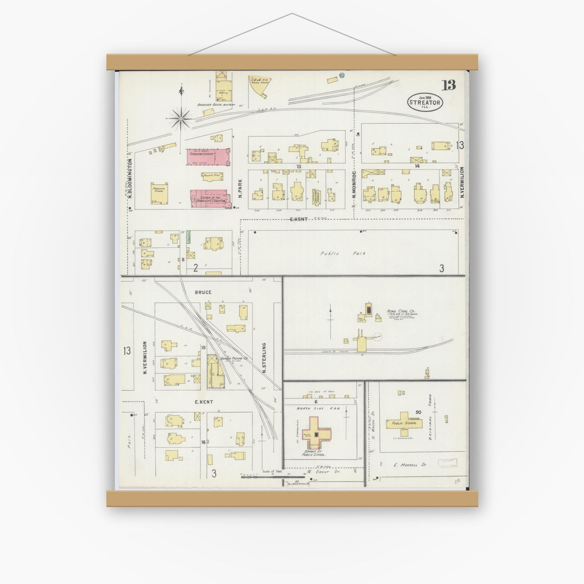 Old map wall art mockup — magnetic wood frame on white wall — Sanborn Fire Insurance Map from Streator, La Salle County, Illinois (1898), Sheet #0013