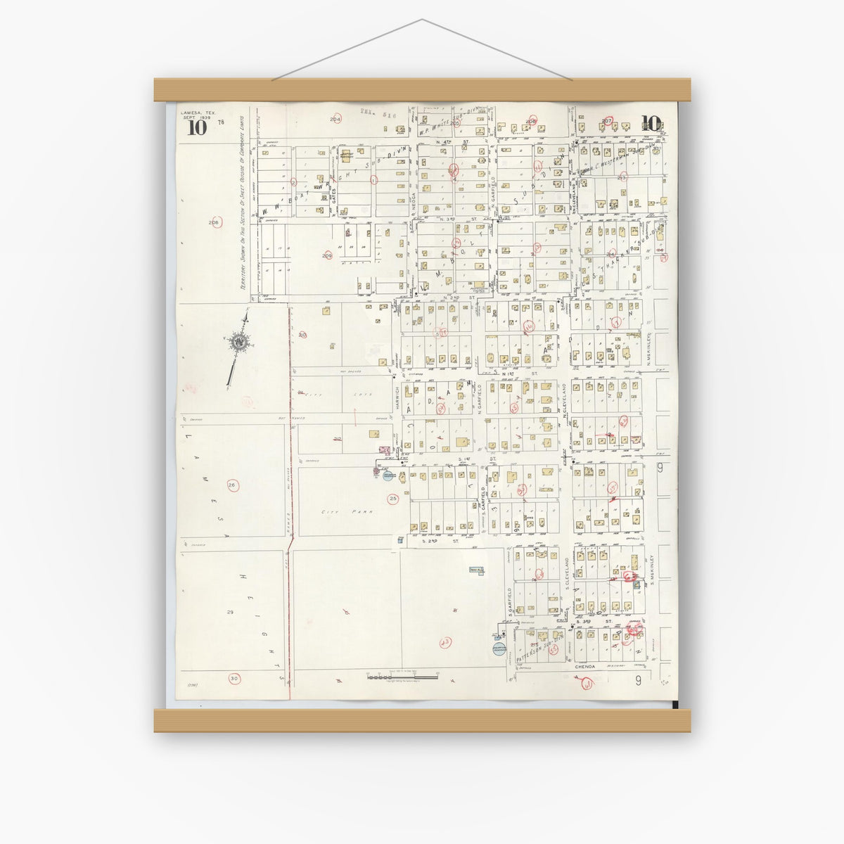 Old map wall art mockup — magnetic wood frame on white wall — Sanborn Fire Insurance Map from Lamesa, Dawson County, Texas (1948), Sheet #0010